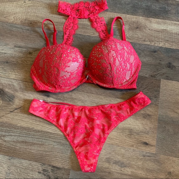 VS Very Sexy Rhinestone Crystal Push up high neck bra & matching strappy thong